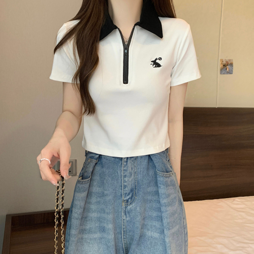 实拍 质量夏装韩版宽松POLO领拉链卡通刺绣大码短袖T恤女