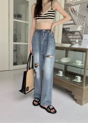 Actual shot of new high-waisted adjustable ripped wide-leg long jeans for women