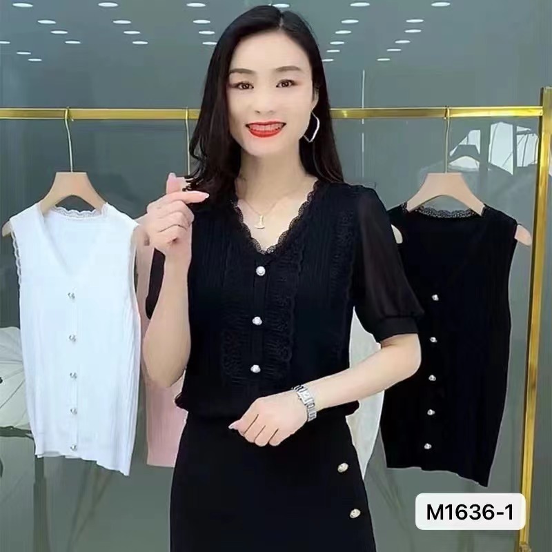 新款韓版時尚V領排扣荷蕾絲邊拼接雪紡短袖上衣女