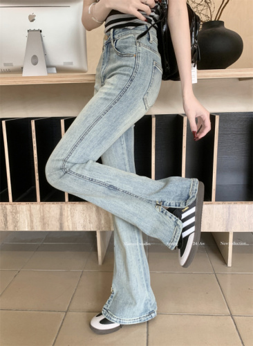 Actual shot of new high-waisted stretchy slightly slit slim fit versatile long jeans for women