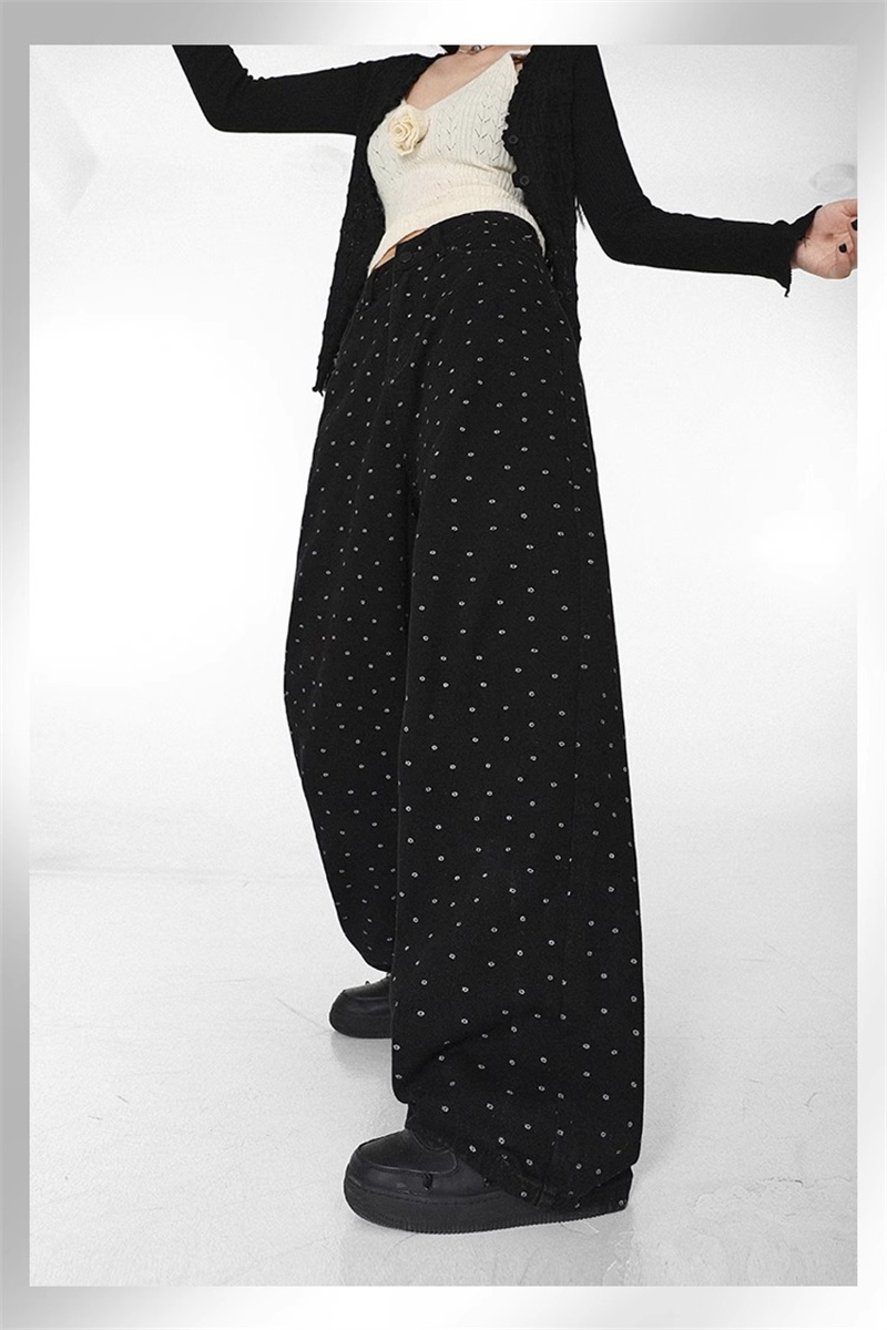 Black printed design wide-leg jeans for women in spring and summer high-waisted loose straight-leg drape floor-length pants