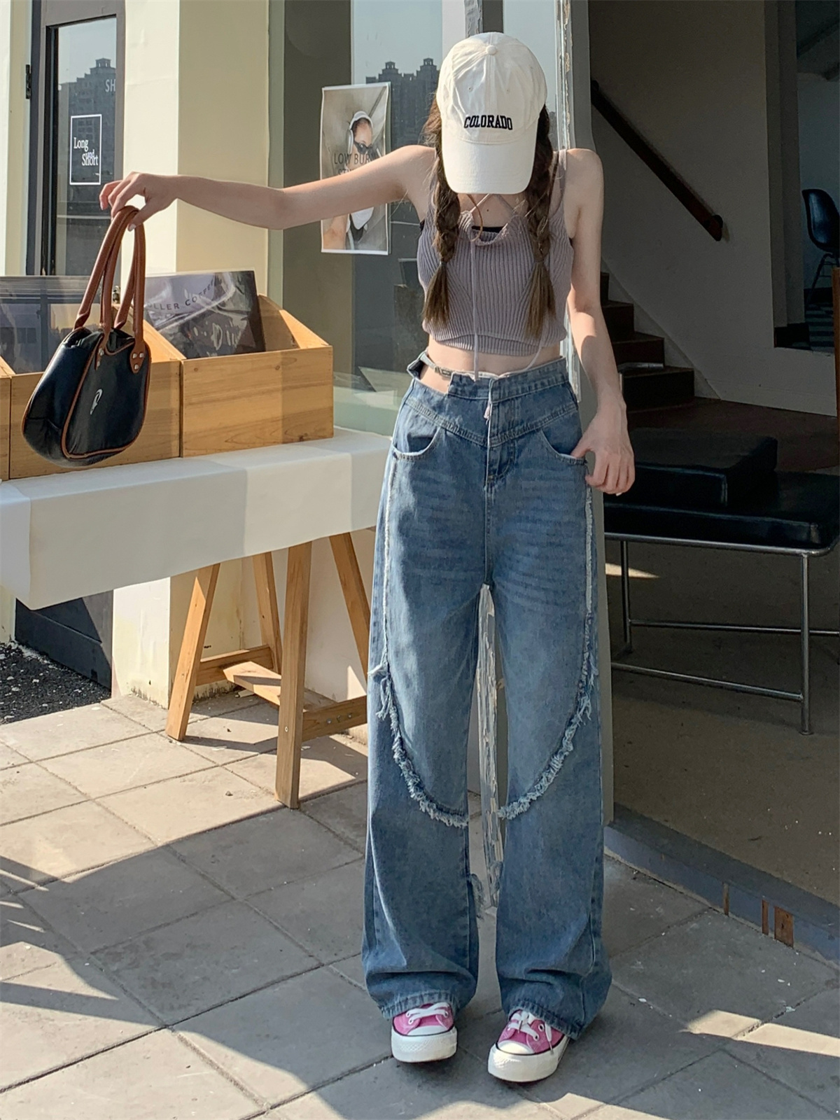Real shot!  !  Design hot girl style irregular blue jeans women's loose straight pants high waist