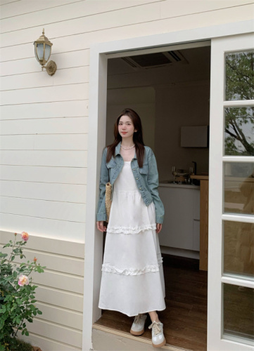 Actual shot of Korean style literary pastoral style square collar vest, ear-trimmed dress, versatile loose denim shirt suit