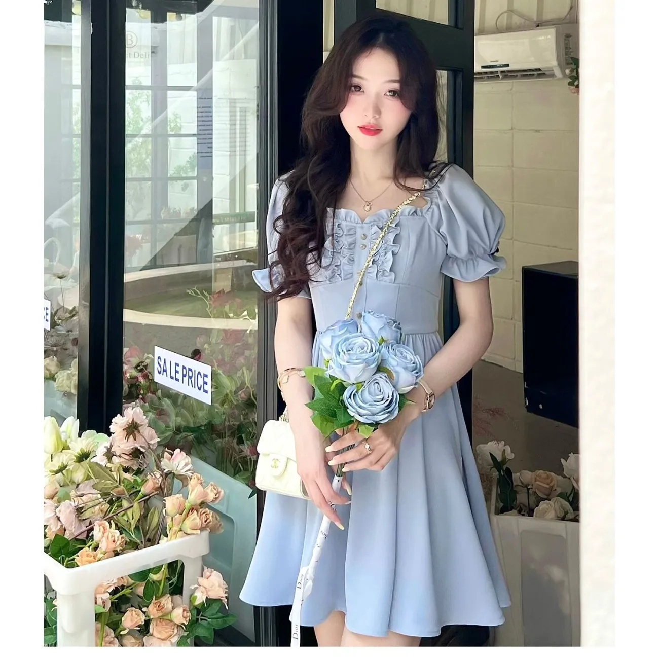 設計感仙女木耳邊方領連衣裙女夏季2024新款公主風短袖收腰A字裙