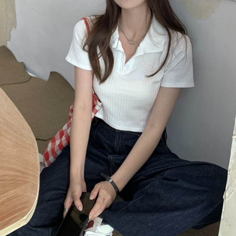 正肩短袖t恤女夏季灰色辣妹露臍polo衫v領修身顯瘦冰絲薄短款上衣