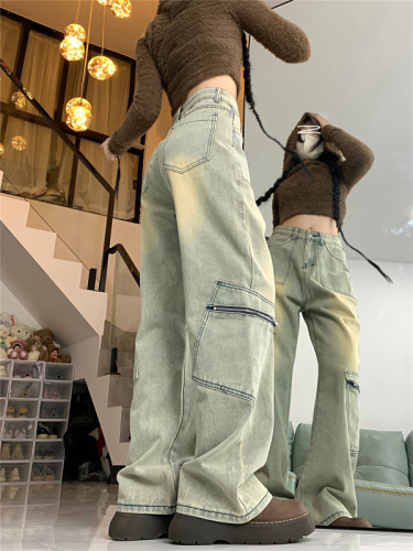 Real shot!  !  !  Retro straight washed distressed overalls high waist slim jeans women's long pants