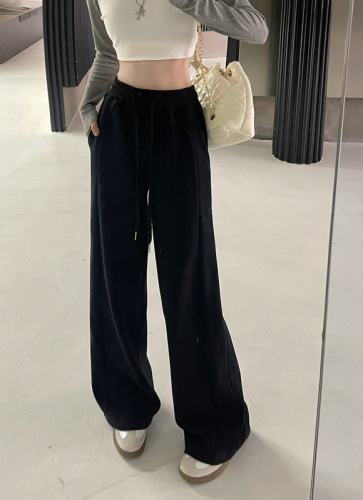 Real shot Chinese cotton composite casual sweatpants women's lazy elastic waist wide legs slightly flared floor-length trousers