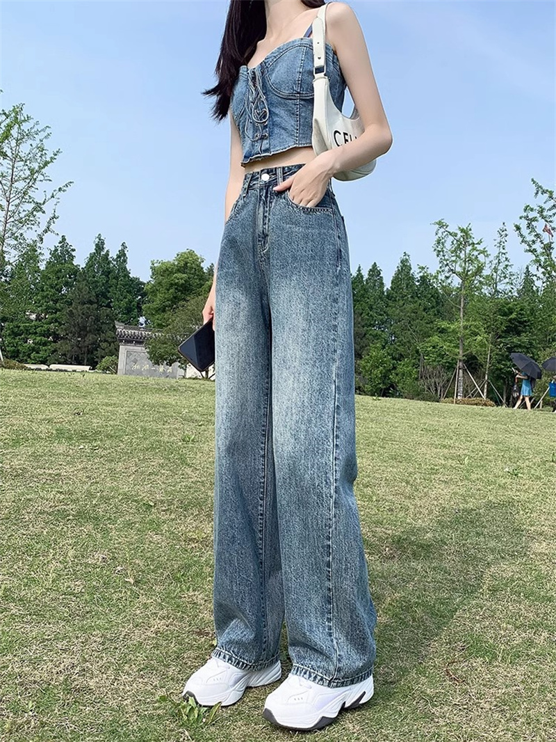 Retro blue wide-leg jeans for women spring 2024 new high-waisted tall straight-leg loose floor-length mopping pants for small people