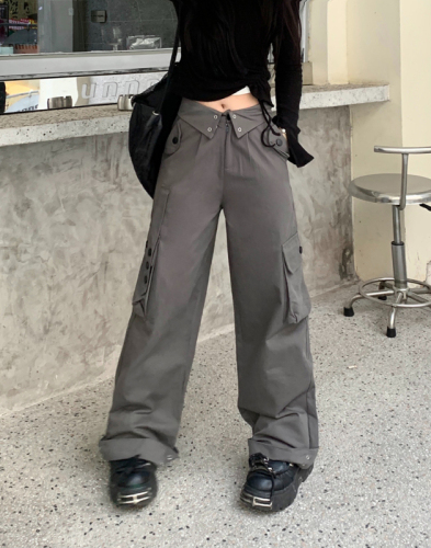Real shot of spring and autumn Korean style loose extra thick washed multi-pocket overalls casual sports pants wide leg pants for women