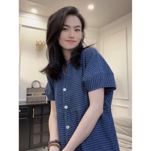 Short/long 2024 spring new custom jacquard denim high-end dress