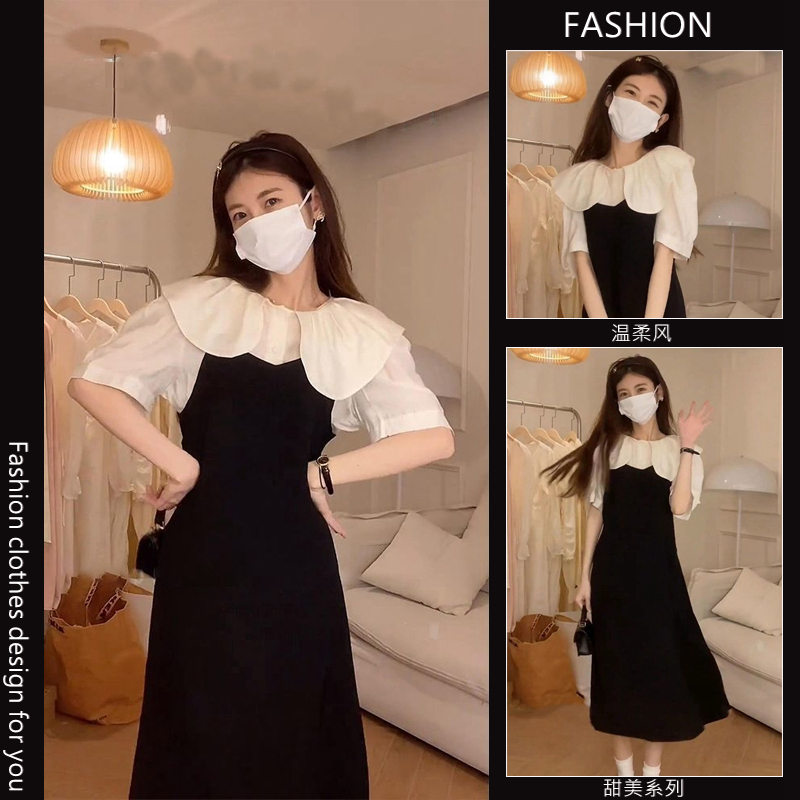 清新甜美溫柔風減齡娃娃領連衣裙女春夏季氣質長裙套裝裙兩件套女