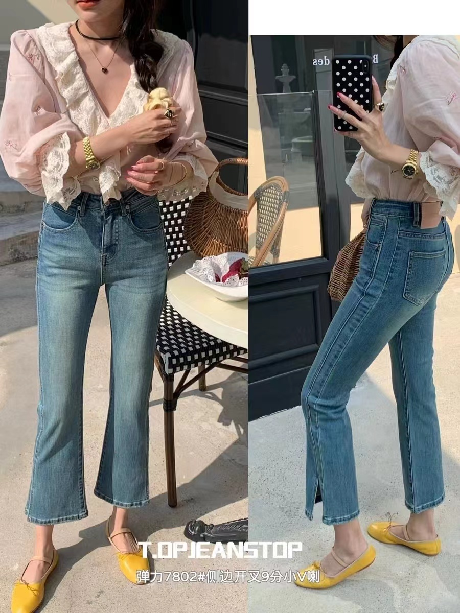 TOP7802側開叉九分小微喇褲女2024春款彈力復古水洗顯腿直牛仔褲