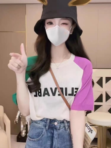 韩版洋气字母短袖针织衫女2024夏季新款宽松百搭休闲上衣T恤