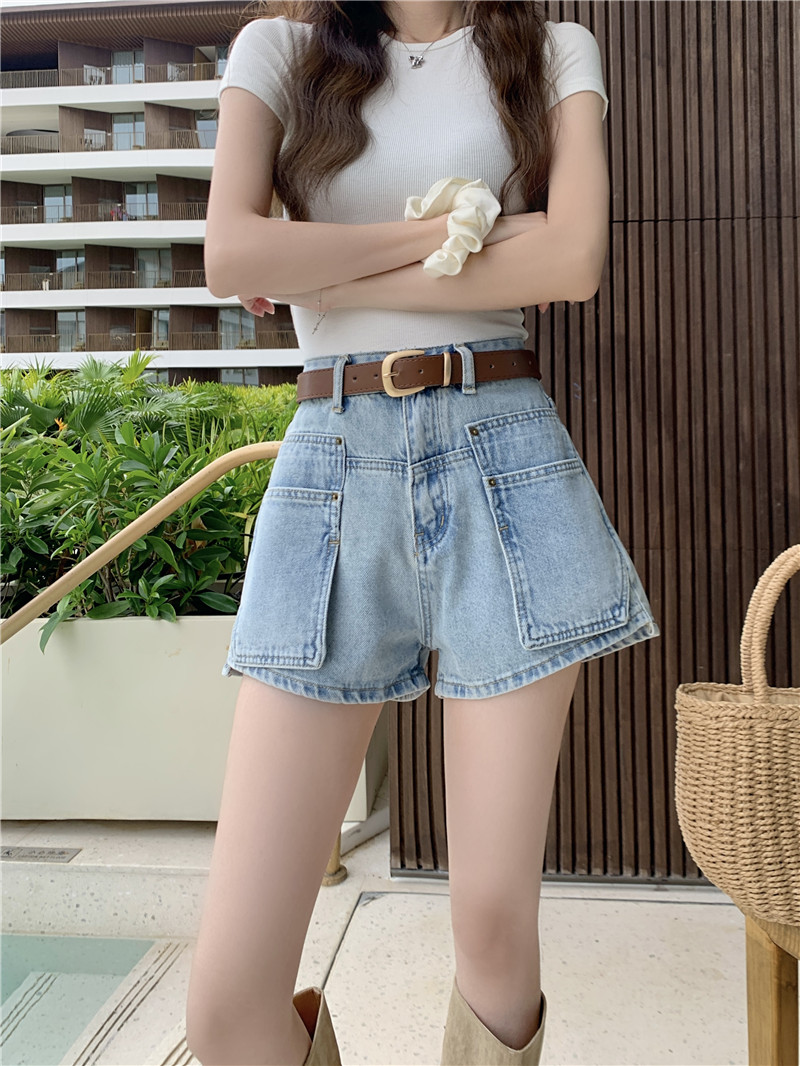 實拍~工裝高腰牛仔短褲夏季小個子設計a字寬鬆顯瘦熱辣褲子