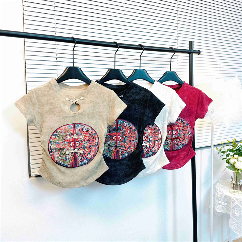 新中式暈染重工刺繡設計短袖T恤國風盤扣2024春夏款正肩顯瘦上衣