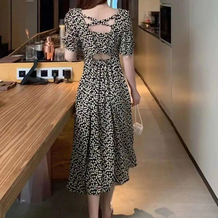 v領性感露背高腰連衣裙短袖女顯瘦修身收腰氣質碎花長裙