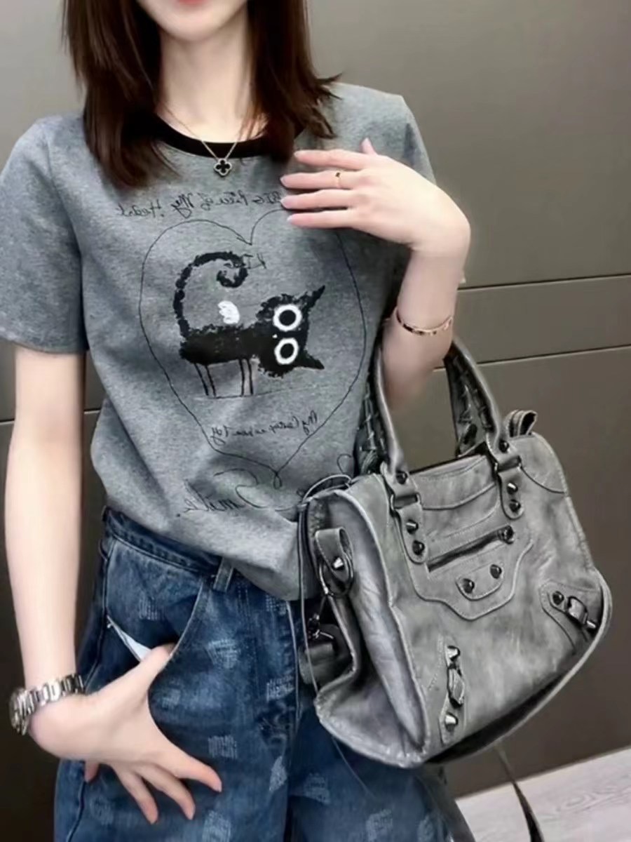 歐洲站2024年春夏新款甜酷復古愛心卡通釘鑽小貓咪T恤女