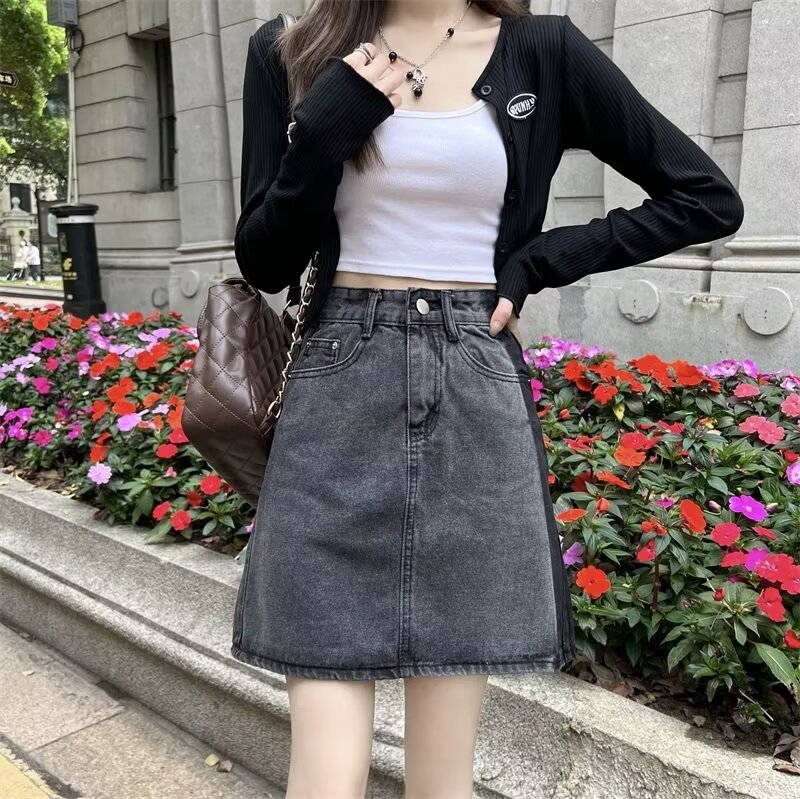 撞色牛仔短裙女小個子夏季薄款高腰半身裙設計感小眾包臀a字裙子