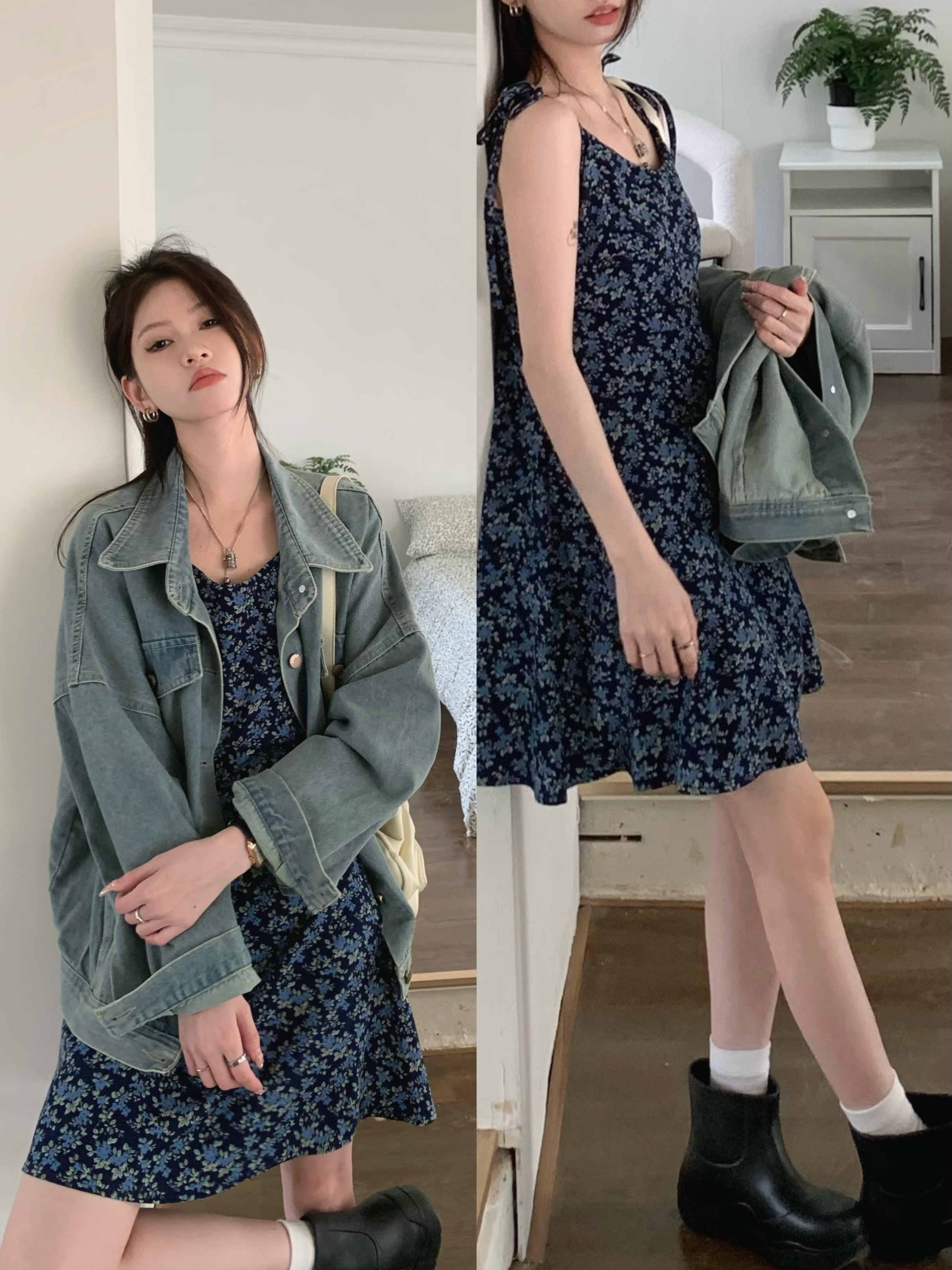 Actual shot of retro design loose denim jacket + design floral waist slimming suspender dress