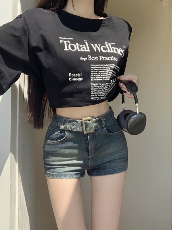 實拍 辣妹高腰藍色復古小個子休閒外穿百搭牛仔短褲子女