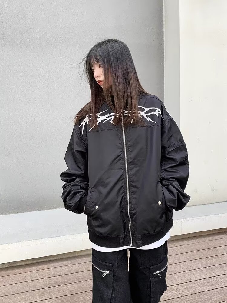 美式高街暗黑系刺繡飛行員夾克情侶設計感hiphop休閒女外套外套潮
