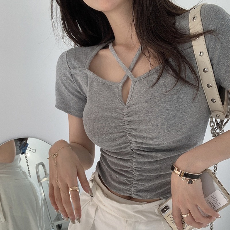 2024夏季新款韓版百搭式修身顯瘦方領性感短款氣質短袖T恤女上衣