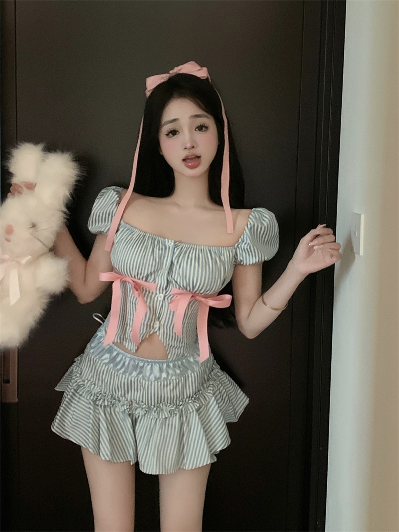實拍美式復古甜心學院風芭蕾條紋碎花氛圍感千金套裝