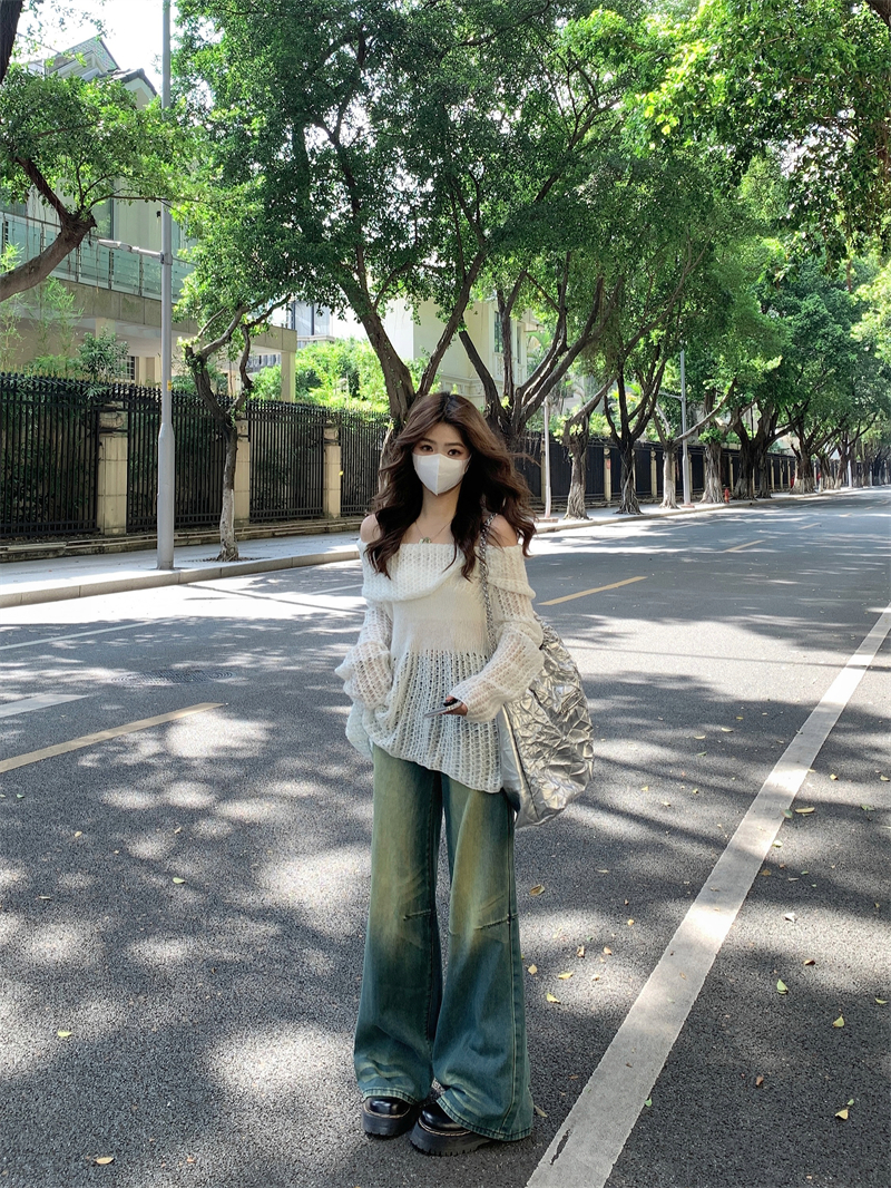 實拍#慵懶風軟糯一字領鏤空露肩白色毛衣女寬鬆氣質針織外套