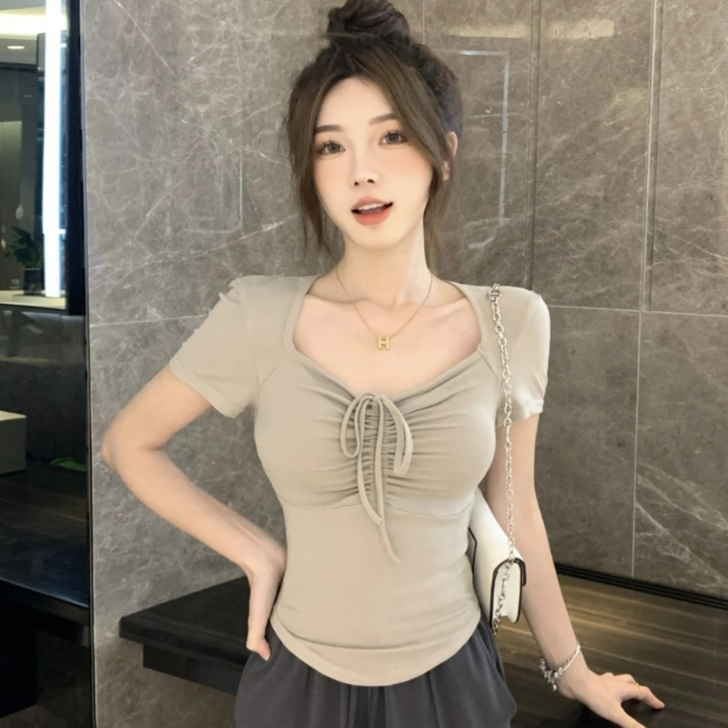 抽褶方領短款純色T恤衫女夏季2024年新款韓版顯瘦短款小眾上衣潮
