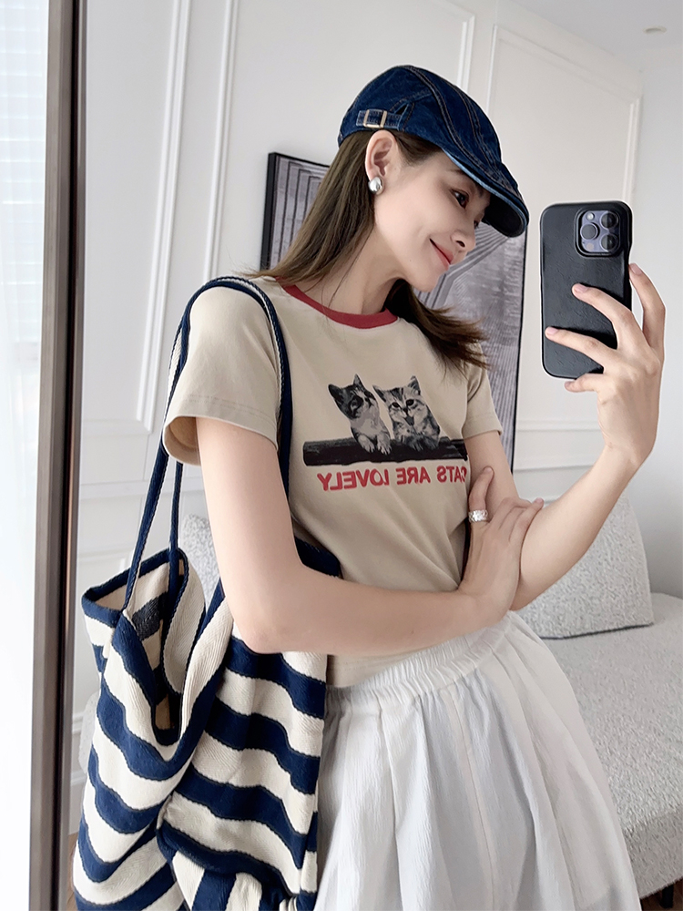 2024 new summer pet paradise T-shirt playful age-reducing retro animal print round neck slim short-sleeved top