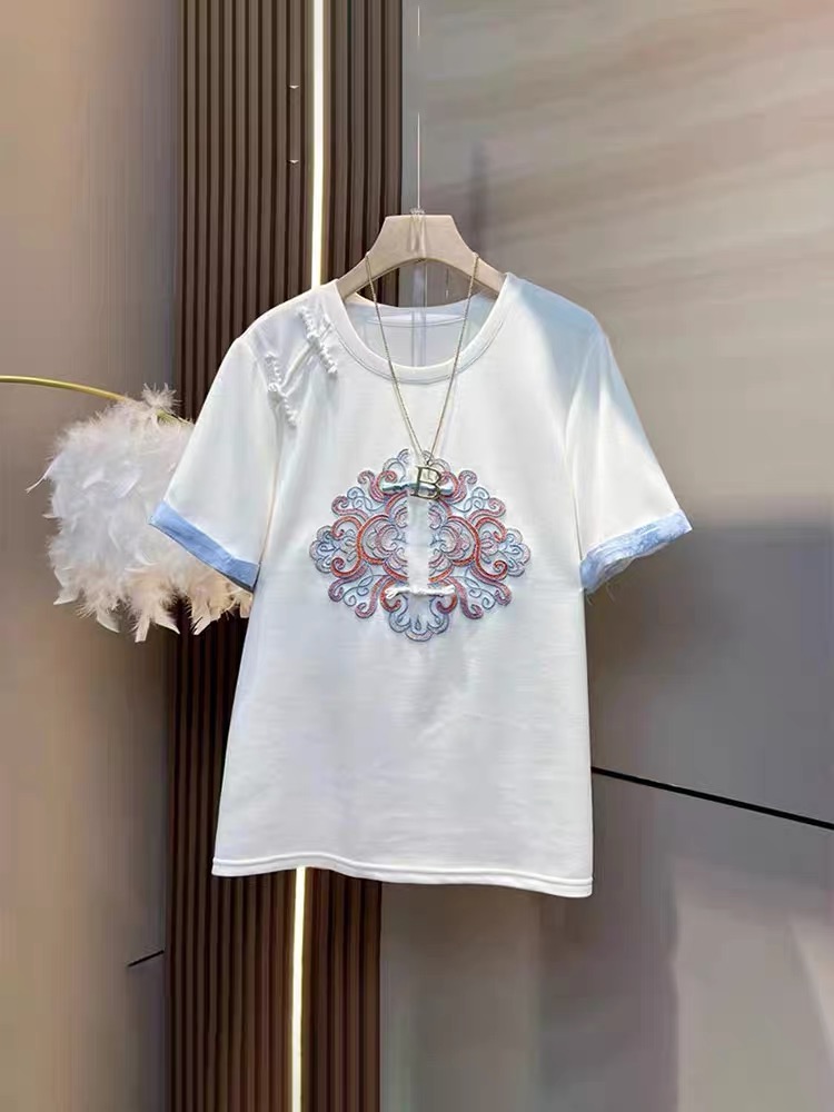 歐洲站春季新款國風刺繡圓領短袖t恤女寬鬆顯瘦百搭休閒打底上衣