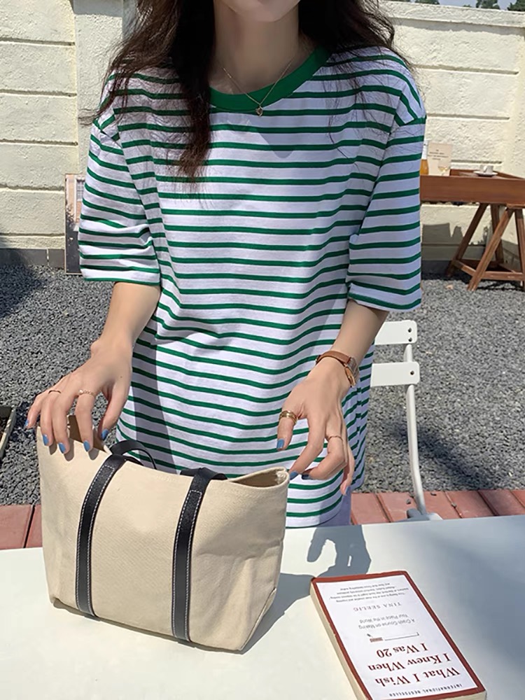 撞色短袖條紋t恤女2024春夏韓版寬鬆休閒圓領純棉百搭體恤上衣
