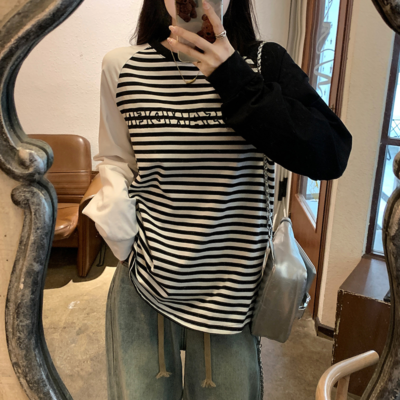 實拍純棉條紋打底衫女2024春秋薄插肩袖圓領長袖t恤上衣大碼女裝