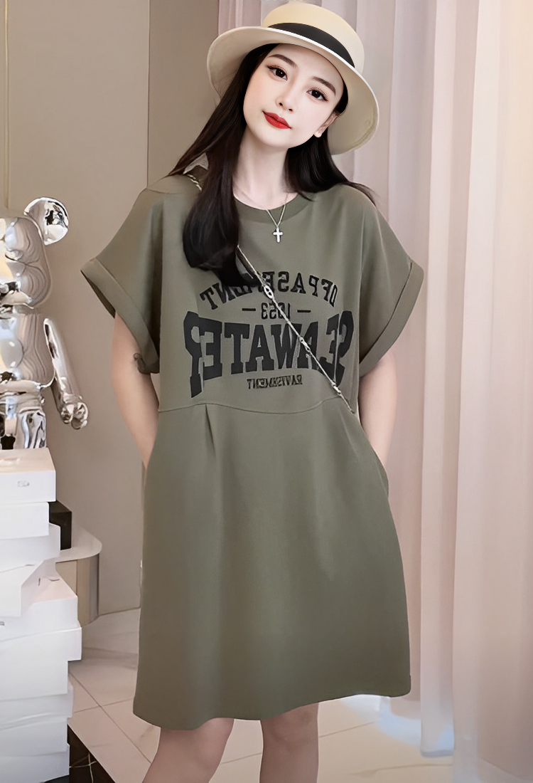 時尚休閒港味復古字母寬鬆遮肚子顯瘦連衣裙女夏季2024年新款韓版
