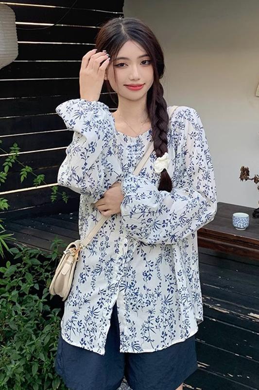 復古碎花長袖襯衫女秋新款設計感小眾休閒寬鬆上衣外套
