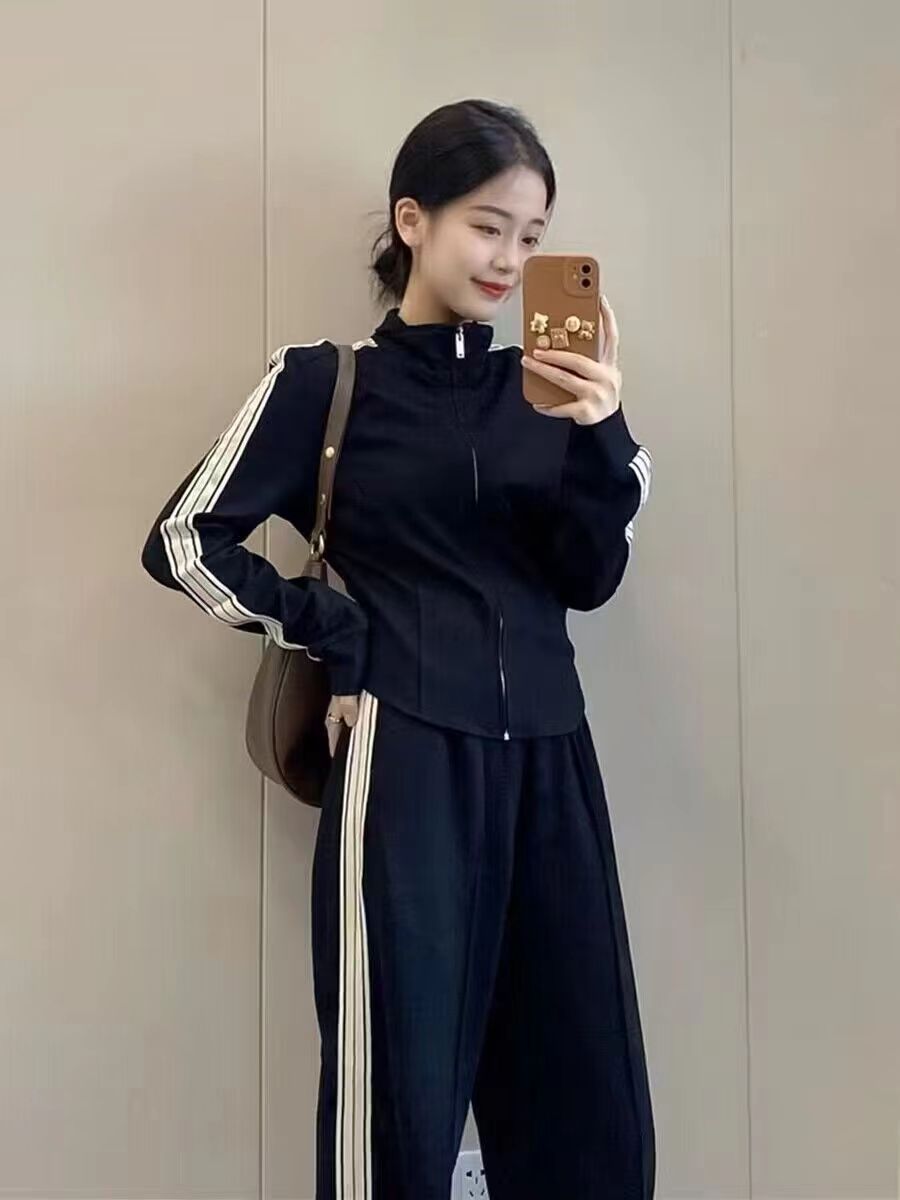 高級感魚骨運動套裝女春秋歐貨休閒時尚黑色衛衣兩件套小香風減齡