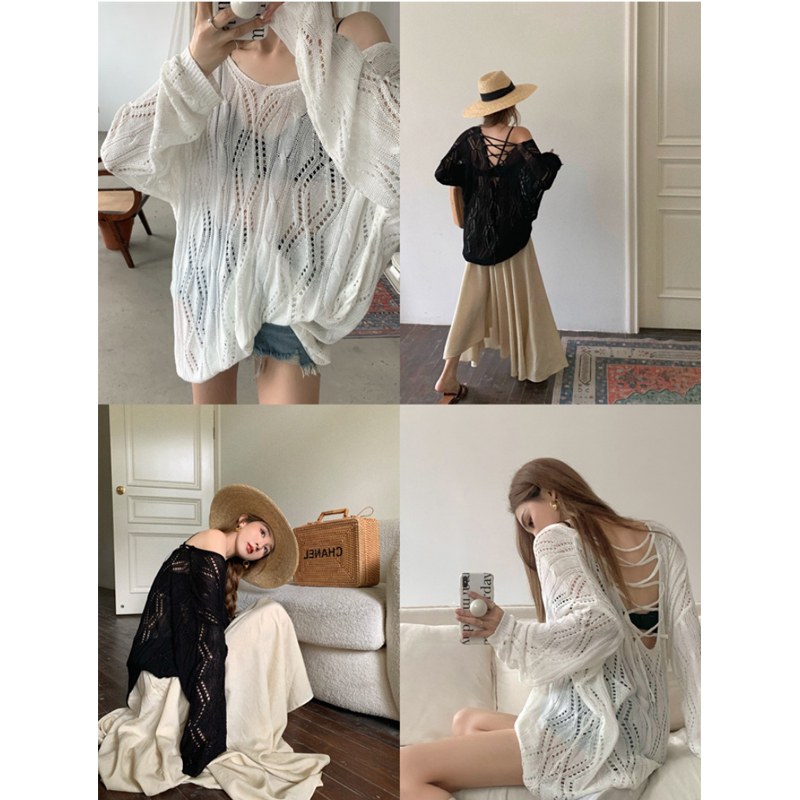 2024 new white thin long-sleeved sun protection sweater summer niche hollow loose casual backless top