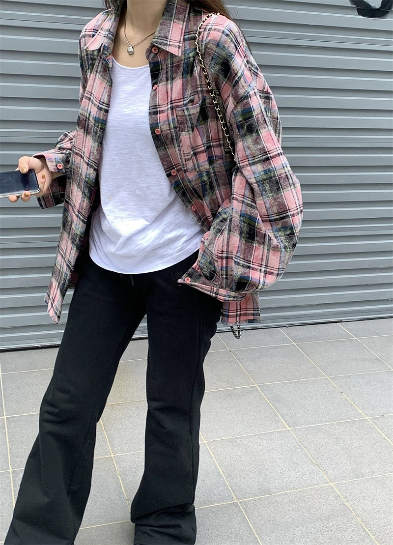 韓版扎染格紋襯衫上衣女2024春季新款復古寬鬆休閒百搭長袖襯衣潮