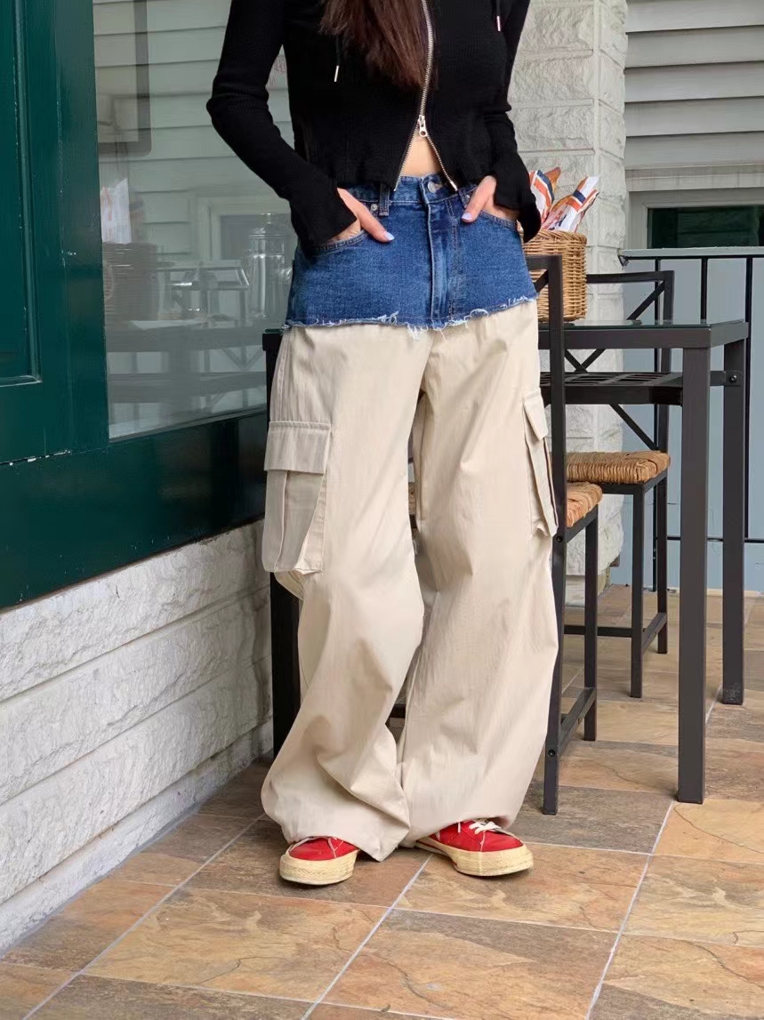Korea Dongdaemun 24ins Internet celebrity high-waist denim splicing pocket wide-leg trousers work casual pants