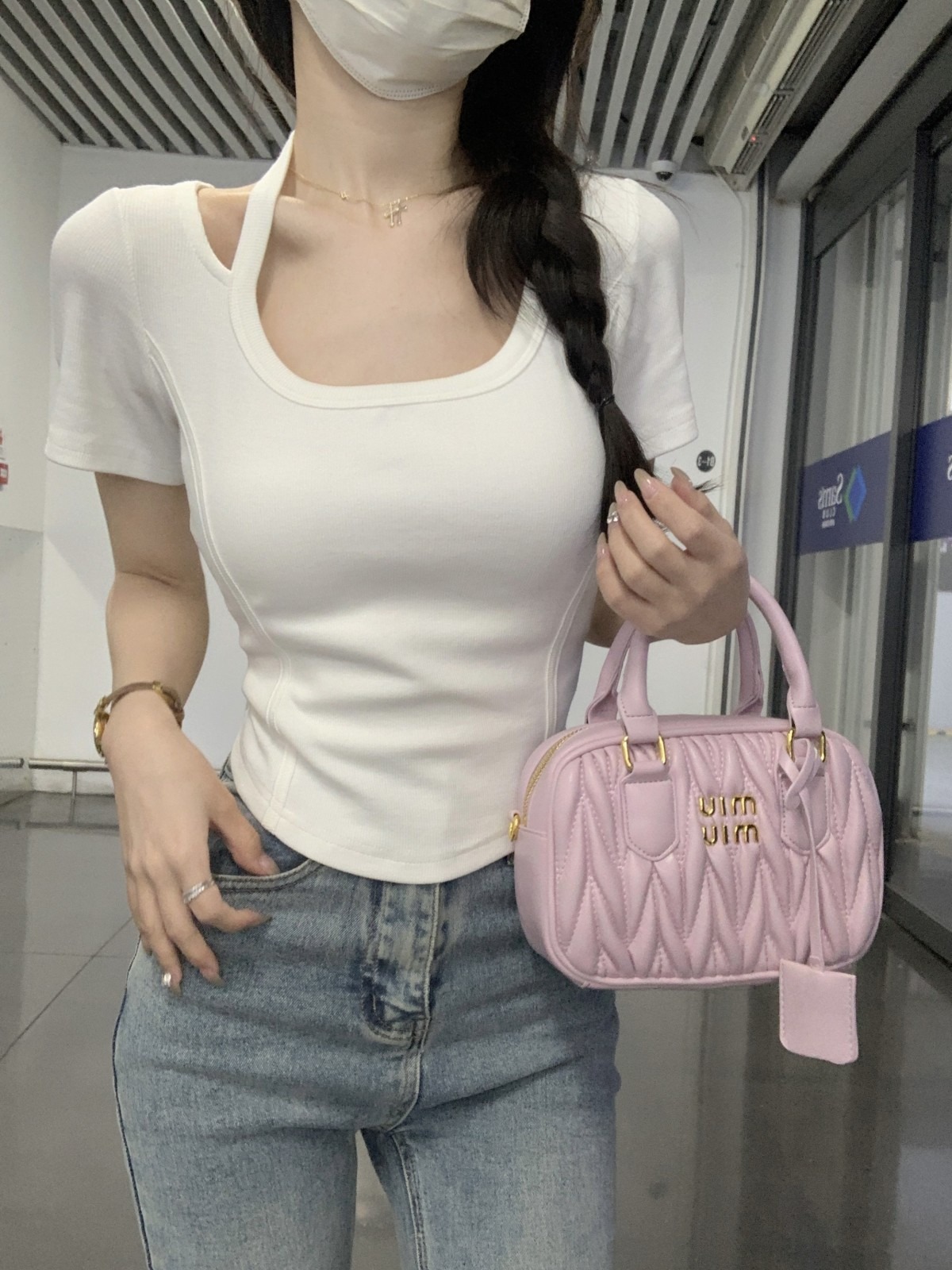 260克1*1人棉 杏色掛脖正肩魚骨短袖t恤女夏季純欲辣妹