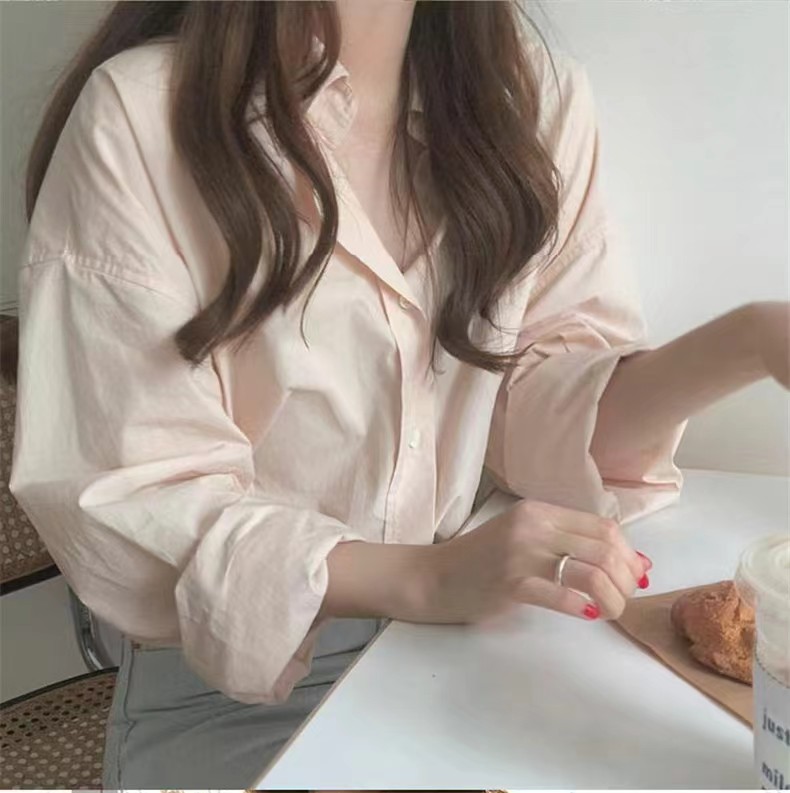 韓版寬鬆簡約百搭通勤款純色長袖襯衫