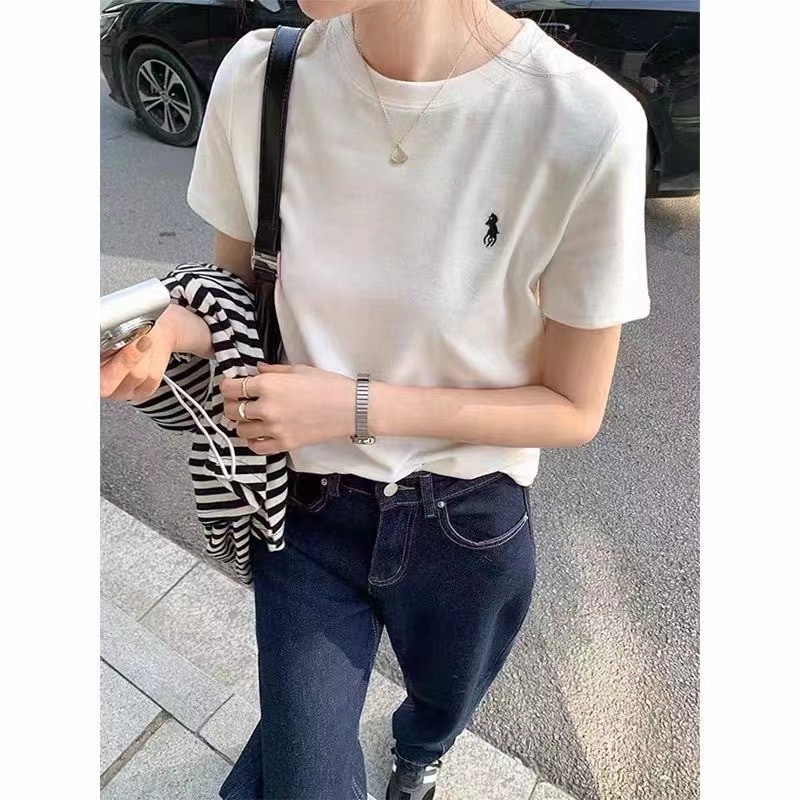 早春新款2024小馬標刺繡圓領短袖T恤修身白色短款上衣打底衫女潮