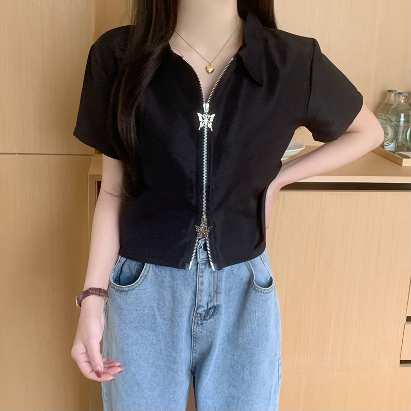 實拍 2024新款小眾設計感拉鏈短款甜辣上衣修身短袖襯衫女ins潮