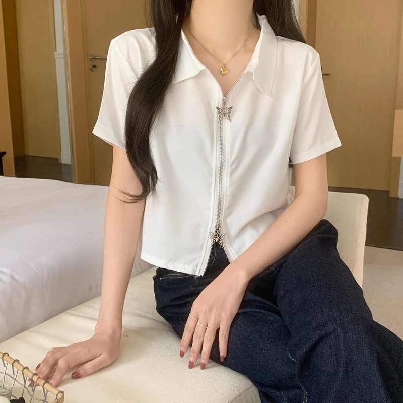 實拍 2024新款小眾設計感拉鏈短款甜辣上衣修身短袖襯衫女ins潮