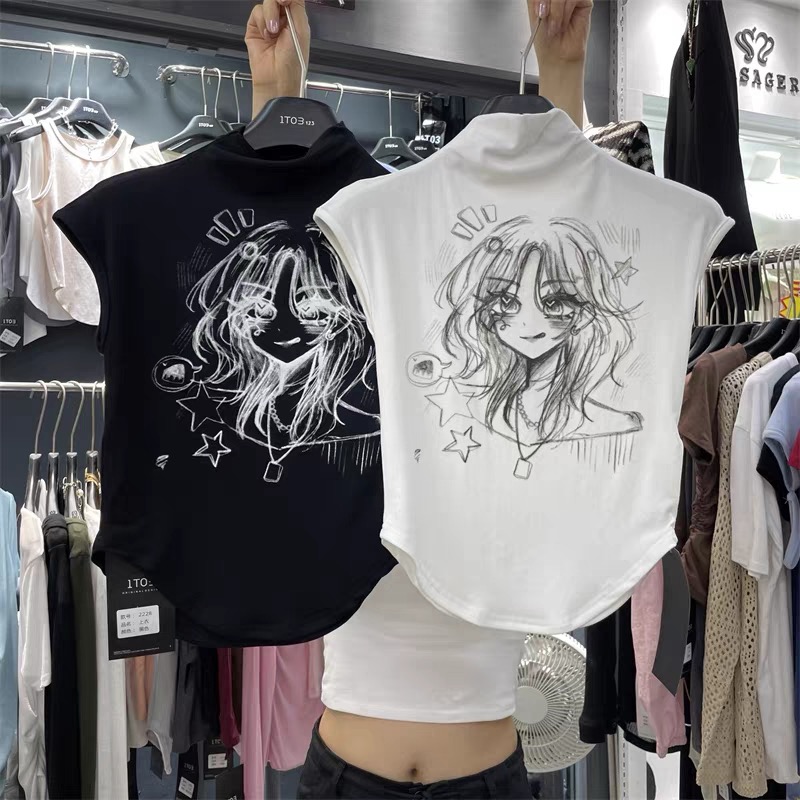 十三行春季新款美式復古印花半高領修身辣妹短袖T恤女士打底上衣