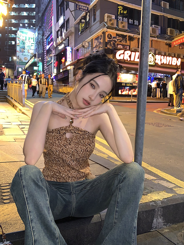 實拍 原創時髦豹紋雪紡掛脖上衣女美式辣妹系帶打底背心
