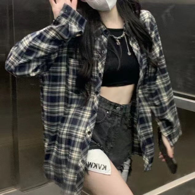格子襯衫外套女2024春秋款寬鬆慵懶情侶款休閒長袖襯衣外搭ins潮