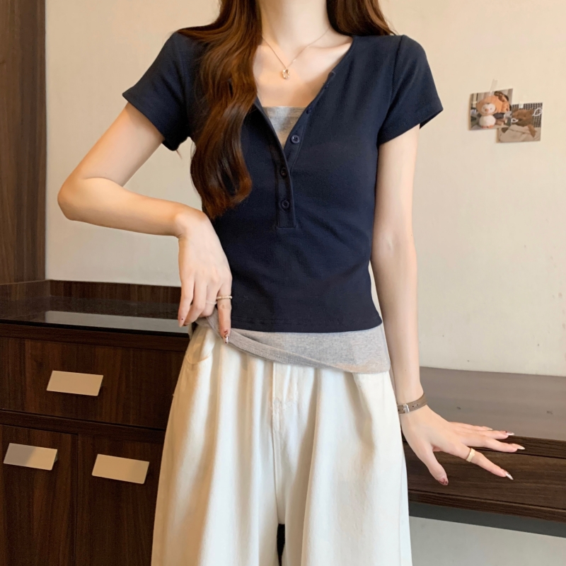 實拍2024夏假兩件t恤上衣女設計感美式千禧辣妹修身撞色拼接短袖