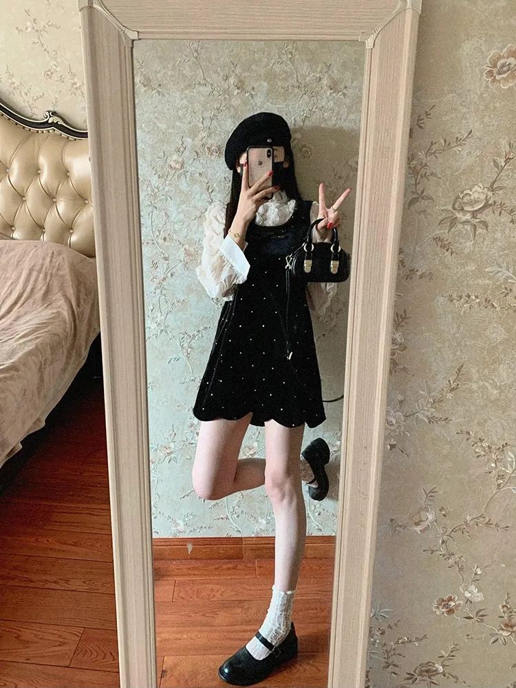 高端精緻黑色絲絨連衣裙女2024春裝小個子背心裙法式氣質中長裙子