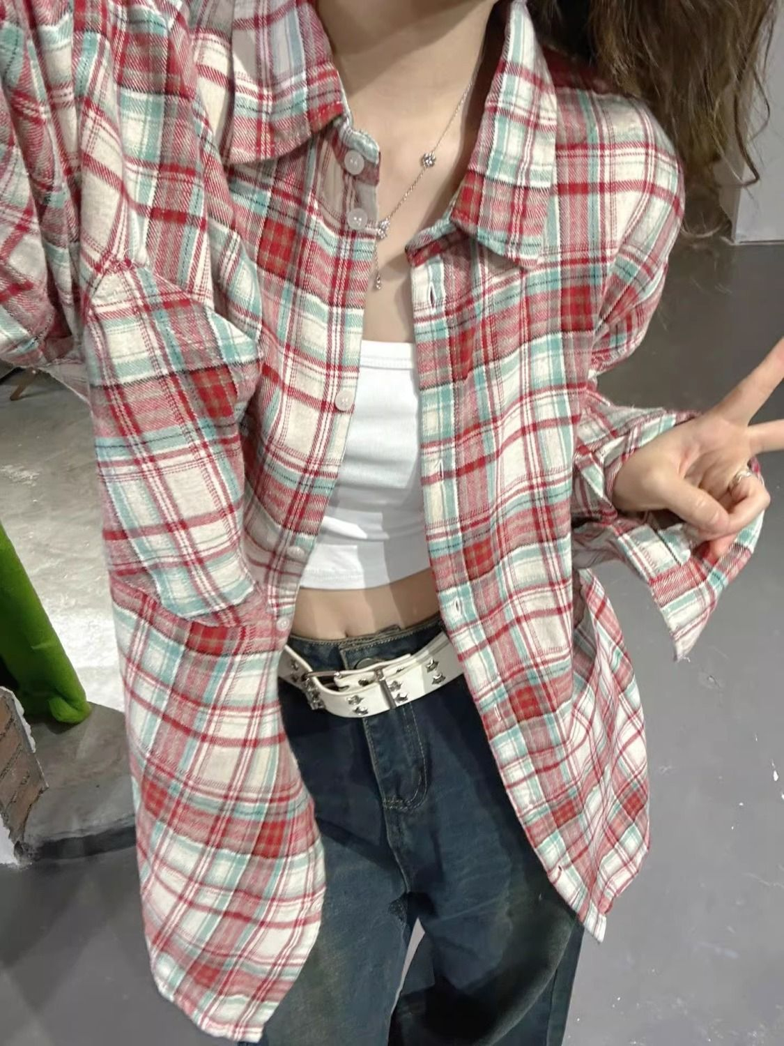 辣妹復古磨毛格紋長袖襯衫女春秋純欲慵懶風寬鬆休閒格子襯衣上衣